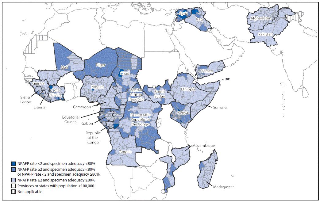 mm6714a3-F The figure above is a map showing combined performance indicators for the quality of acute flaccid paralysis surveillance in subnational areas (states and provinces) of 26 countries in the World Health Organization’s African and Eastern Mediterranean Regions that had poliovirus transmission during 2011–2017 or were affected by the Ebola outbreak in West Africa during 2014–2015.