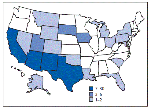 mm6715a2-F1 The figure above is a map showing infections with the outbreak strain of Salmonella Newport (n = 106), by state of residence in 21 states during October 2016–July 2017.