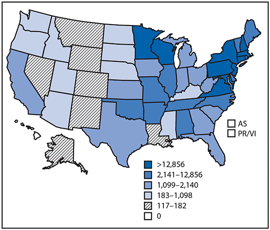 mm6717e1-F1 The figure above is a map of the United States showing reported cases of tickborne disease in U.S. states and territories during 2004–2016.