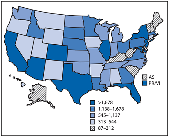 mm6717e1-F2 The figure above is a map of the United States showing reported cases of mosquitoborne disease in U.S. states and territories during 2004–2016.