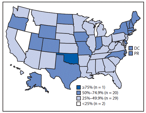 mm6718a3-F1 The figure above is a map of the United States, including Puerto Rico, showing the percentage of mental health treatment facilities that prohibited smoking in all indoor and outdoor locations during 2016, based on data from the National Mental Health Services Survey.