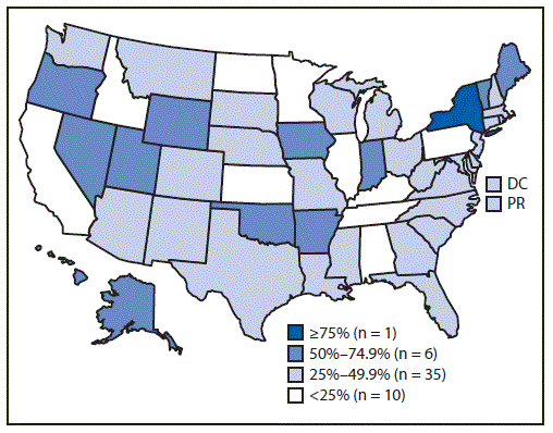 mm6718a3-F2 The figure above is a map of the United States, including Puerto Rico, showing the percentage of substance abuse treatment facilities that prohibited smoking in all indoor and outdoor locations during 2016, based on data from the National Survey of Substance Abuse Treatment Services.