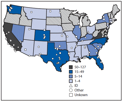 mm6720a1-F2 The figure above is a U.S. map showing the number of military service members who initiated human immunodeficiency virus (HIV) preexposure prophylaxis (PrEP) among personnel on active service who did not have HIV infection, by location of duty and prescribing clinic type, during 2014–2016.