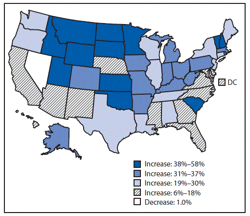 mm6722a1-F The figure above is a map of the United States showing the percent change in annual suicide rate, by state, in the United States, from 1999–2001 to 2014–2016.