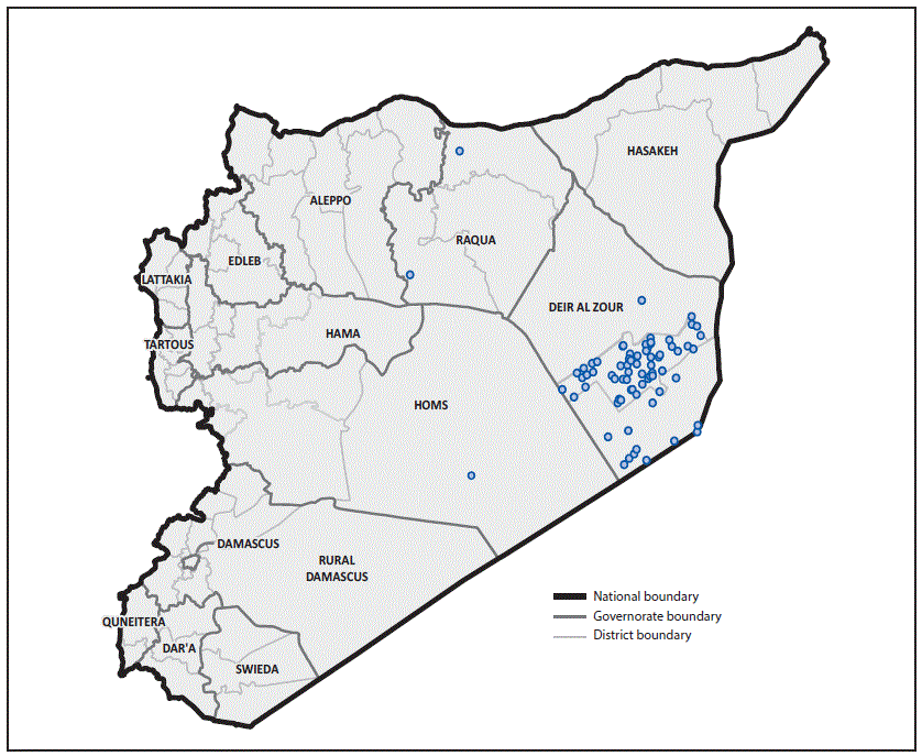 mm6724a5-F2 The figure above is a map showing the geographic distribution of cases (n = 74) of circulating vaccine-derived poliovirus type 2 in Syria during 2017.