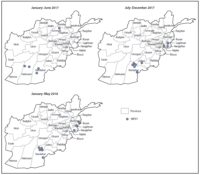 mm6730a6-F2 The figure above is a map of Afghanistan showing the location of wild poliovirus 1 cases by province during January 2014–May 2018.