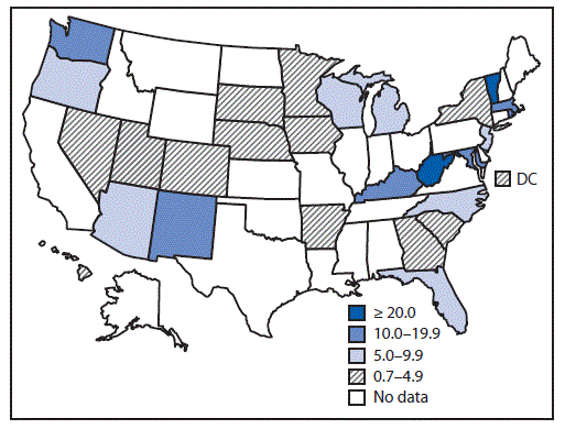 mm6731a1-F2 The figure above is a map showing the prevalence of opioid use disorder per 1,000 delivery hospitalizations in 28 U.S. states during 2013–2014.