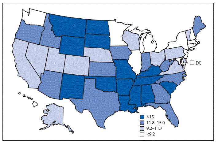 mm6731a4-F The figure above is a U.S. map showing age-adjusted death rates per 100,000 standard population for motor vehicle traffic injury in 2016. The highest age-adjusted death rates were in Mississippi (25.4), Alabama (23.3), and South Carolina (20.9). The lowest rates were in New York (5.3), Rhode Island (5.0), and the District of Columbia (4.5).