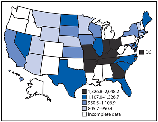mm6735a3-F The figure above is a map showing the age-standardized overall Million Hearts–preventable event rates among adults aged ≥18 years by U.S. state in 2016