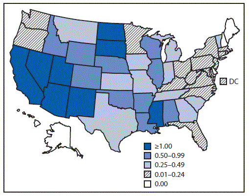 mm6741a1-F The figure is a map of the United States showing the rate of cases of West Nile virus neuroinvasive disease reported in 2017.