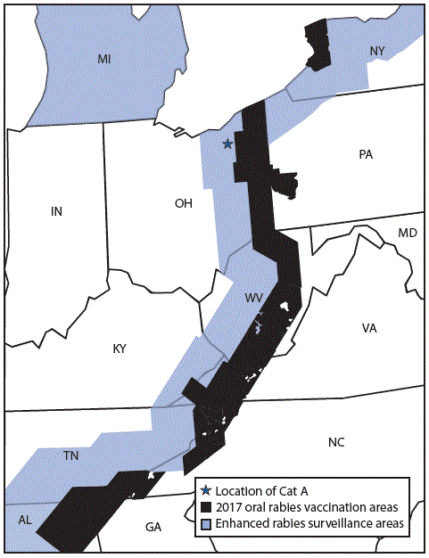 mm6742a2-F1 The figure is a map of Ohio and surrounding states and area showing oral rabies vaccination and enhanced rabies surveillance during 2017.