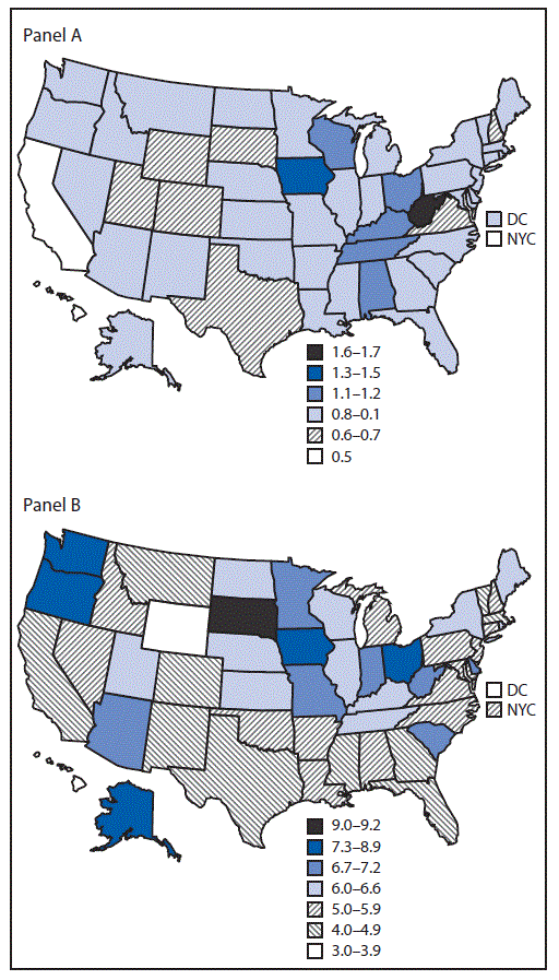 mm6743a2-F The figure shows two maps of the United States, one depicting the prevalence of preexisting diabetes and the other depicting the prevalence of gestational diabetes among women who had a live birth, by state in 2016.
