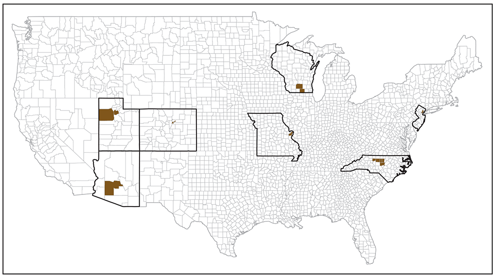 ss6802a1-F1 This figure is a map that shows the seven Early Autism and Developmental Disabilities Monitoring Network surveillance areas (counties in Wisconsin for 2010, 2012, and 2014; New Jersey for 2010, 2012, and 2014; Arizona for 2010, 2012, and 2014; Utah for 2010 and 2012; Colorado for 2014; Missouri for 2010, 2012, and 2014; and North Carolina for 2014).
