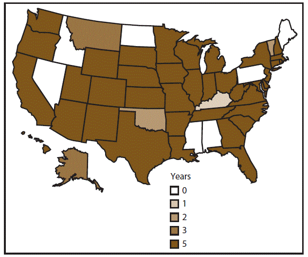 ss6803a1-F1 The figure is a map of the United States that shows the number of years that cyclosporiasis was reportable, by public health jurisdiction, during 2011–2015.