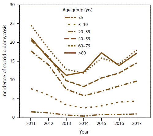 ss6807a1-F4 This figure is a line graph showing the annual incidence of coccidioidomycosis among various age groups in 26 states and the District of Columbia during 2011–2017. Nationwide, adults aged ≥60 years consistently had the highest incidence over time.