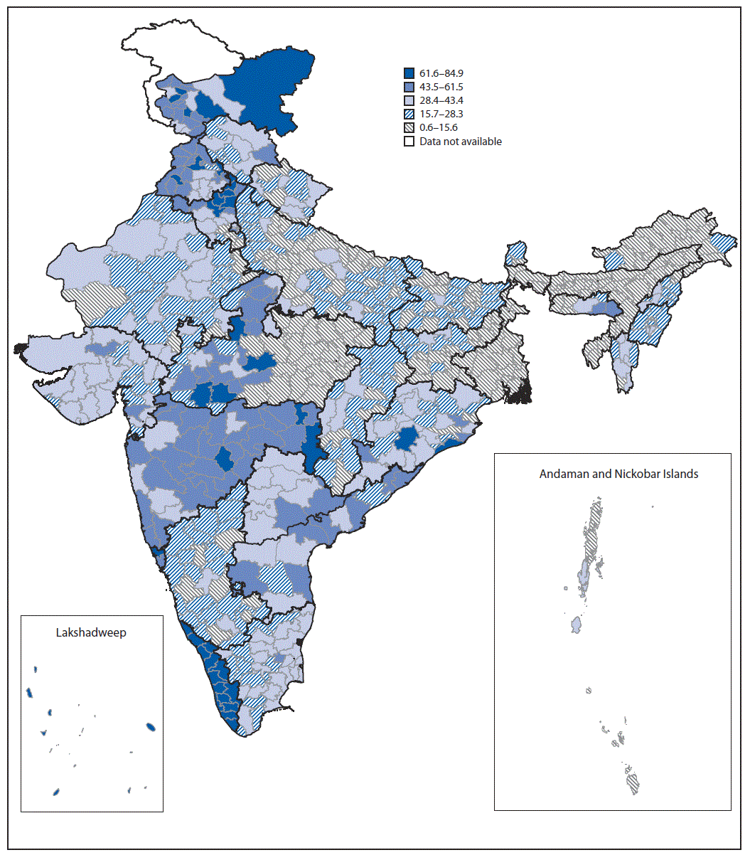 mm6801a4-F The figure is a map showing the prevalence of cervical cancer screening among women aged 30–49 years, by district in India during 2015–2016, according to the National Family Health Survey-4.
