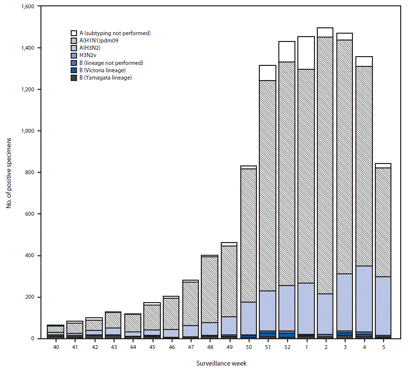 mm6806a1-F2 The figure is a bar chart showing the number of respiratory specimens testing positive for influenza reported by public health laboratories, by influenza virus type, subtype/lineage, and surveillance week, in the United States during September 30, 2018–February 2, 2019.