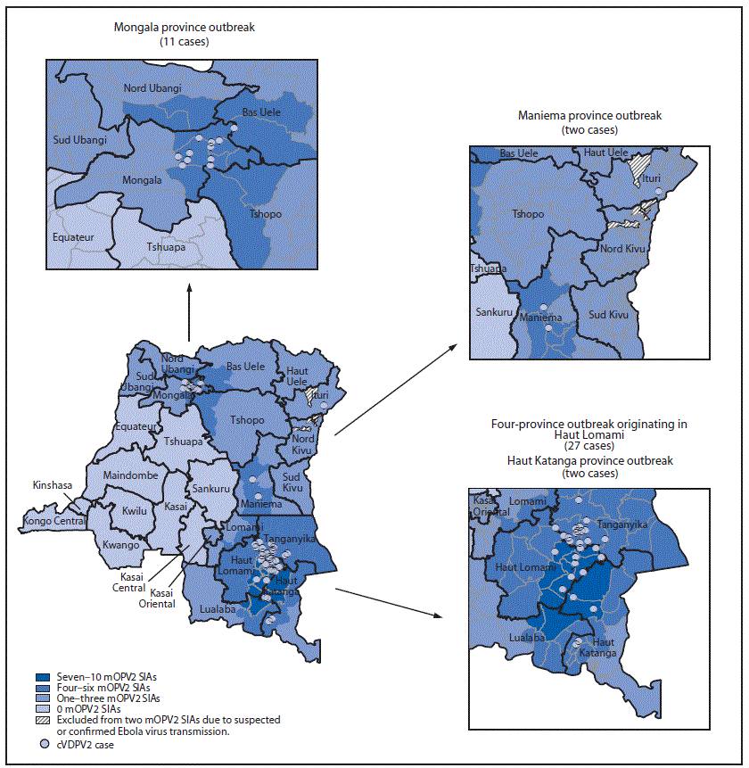 mm6809a2-F1 The figure is a map with insets indicating geographic distribution of circulating vaccine-derived poliovirus type 2 cases, by location and number of response supplementary immunization activities with monovalent oral poliovirus vaccine type 2, in the Democratic Republic of Congo during 2017–2018.