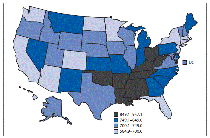 mm6810a7-F The figure is a map of the United States showing the age-adjusted death rate per 100,000 population, by state, for 2017.