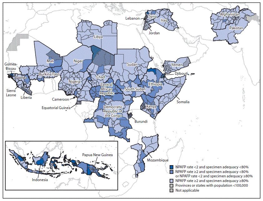 mm6813a4-F The figure is a map showing the combined performance indicators for the quality of acute flaccid paralysis surveillance during 2017 in subnational areas of 31 countries identified as Global Polio Eradication Initiative high-priority countries during 2018–2020 in the World Health Organization African, Eastern Mediterranean, South-East Asia, and Western Pacific regions.