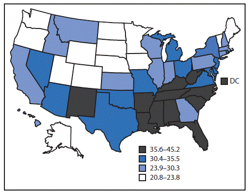 mm6817a2-F The figure is a map showing age-standardized, state-specific prevalence of severe joint pain among U.S. adults aged ≥18 years with arthritis according to the Behavioral Risk Factor Surveillance System during 2017.