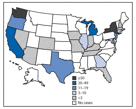mm6817e1-F1 The figure is a map of the United States indicating the number of reported measles cases for each state during January 1–April 26, 2019.