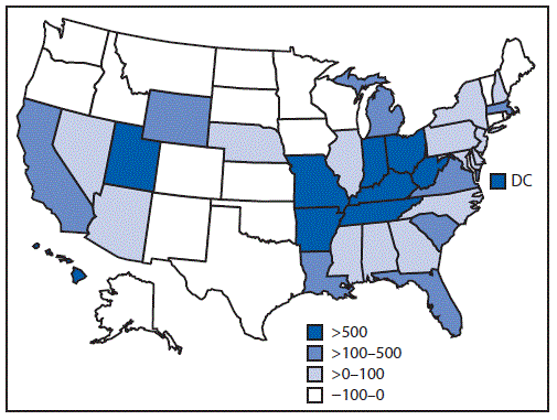 mm6818a2-F The figure is a map showing the percent change in reported hepatitis A infections in the United States, during 2013–2015 and 2016–2018, using data from the National Notifiable Diseases Surveillance System.