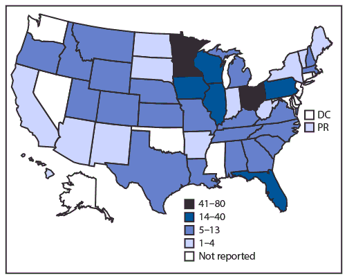 mm6825a3-F1 The figure is a map of the United States, showing reported cryptosporidiosis outbreaks (N = 444), by exposure jurisdiction during 2009–2017.