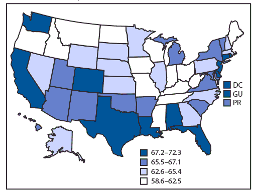 mm6828a1-F The figure is a U.S. map, showing the percentage of current and former cigarette smokers aged ≥18 years who, in 2017, reported a past-year quit attempt in the 50 states, the District of Columbia, Guam, and Puerto Rico.