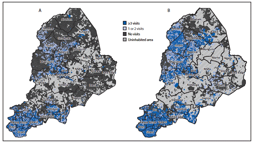 mm6829a3-F The figure consists of two maps of Borno State, Nigeria, showing inhabited settlements reached with bivalent oral poliovirus vaccine using standard house-to-house, Reaching Every Settlement, and Reaching Inaccessible Children approaches, by the number of cumulative vaccination visits reaching children aged <5 years old. The first map shows settlements reached during August–December 2016 and the second during August 2016–May 2019.