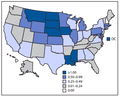 mm6831a1-F The figure is a map showing the incidence of reported cases of West Nile virus neuroinvasive disease in the United States during 2018.
