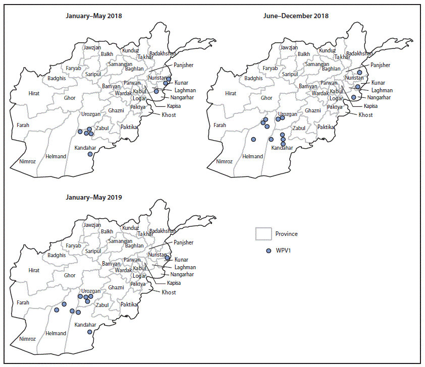 mm6833a4-F2 The figure consists of three maps of Afghanistan showing the location of wild poliovirus 1 cases, by province, during January 2018–May 2019.