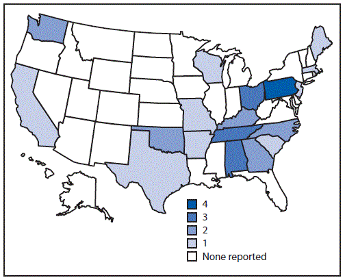 mm6835a4-F1 The figure is a map of the United States showing states and their respective number of reported drinking water–associated hepatitis A outbreaks (N = 32) during 1971–2017, according to the Waterborne Disease and Outbreak Surveillance System.