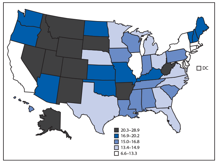 mm6836a5-F The figure shows age-adjusted rates of suicide, by state, in the United States during 2017 according to the National Vital Statistics System. In 2017, the U.S. age-adjusted suicide rate was 14.0 per 100,000 population, but rates varied by state. The five states with the highest rates were Montana (28.9 deaths per 100,000 population), Alaska (27.0), Wyoming (26.9), New Mexico (23.3), and Idaho (23.2). The five with the lowest rates were the District of Columbia (6.6), New York (8.1), New Jersey (8.3), Massachusetts (9.5), and Maryland (9.8).