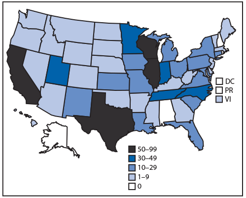 mm6839e1-F1 The figure is a U.S. map showing the number of cases of lung injury associated with e-cigarette use, or vaping, in each of the 50 states and two territories in 2019.