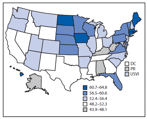 mm6845a3-F1 The figure is a map that shows the percentage of Medicare Part B fee-for-service beneficiaries with diabetes who had an eye exam, by state, in the United States during 2017.