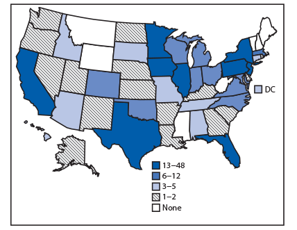 mm6846a1-F2 The figure is a map of the United States showing the number of U.S. persons (N = 356) infected with the outbreak strain of Salmonella Reading, by state during November 2017–March 2019.