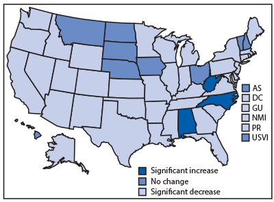 mm6846a3-F The figure is a map showing the changes in obesity prevalence among U.S. children aged 2–4 years enrolled in the Special Supplemental Nutrition Program for Women, Infants, and Children (WIC), by WIC state or territory agency, during 2010─2016.