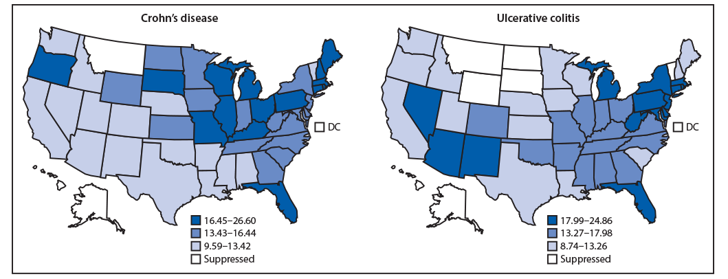 mm6849a2-F1 The figure consists of two U.S. maps showing the age-adjusted hospitalization rates for Crohn’s disease or ulcerative colitis as the principal diagnosis among Medicare fee-for-service beneficiaries in 2017, by state.