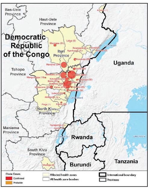 map of the North Kivu, South Kivu, and Ituri The figure is a map of the North Kivu, South Kivu, and Ituri provinces in the Democratic Republic of the Congo, showing the geographic distribution of confirmed and probable cases of Ebola virus disease by health zones during April 30, 2018–November 17, 2019.