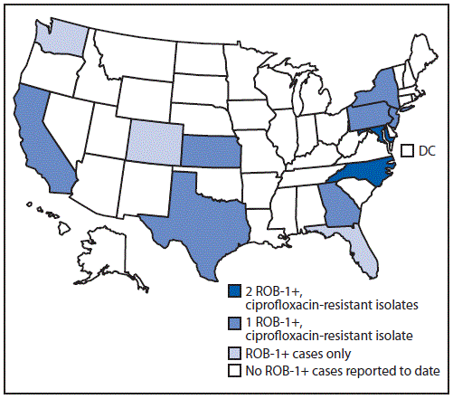 mm6924a2-F2 The figure is a U.S. map, showing the states reporting identification of 33 antimicrobial-resistant Neisseria meningitidis isolates during 2013–2020.