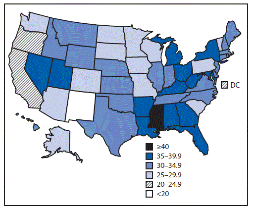 mm6947a4-F2 The figure is a map of the United States showing the percentage of children introduced to complementary foods before age 4 months among children aged 1–5 years in the United States during 2016–2018 according to the National Survey of Children's Health.