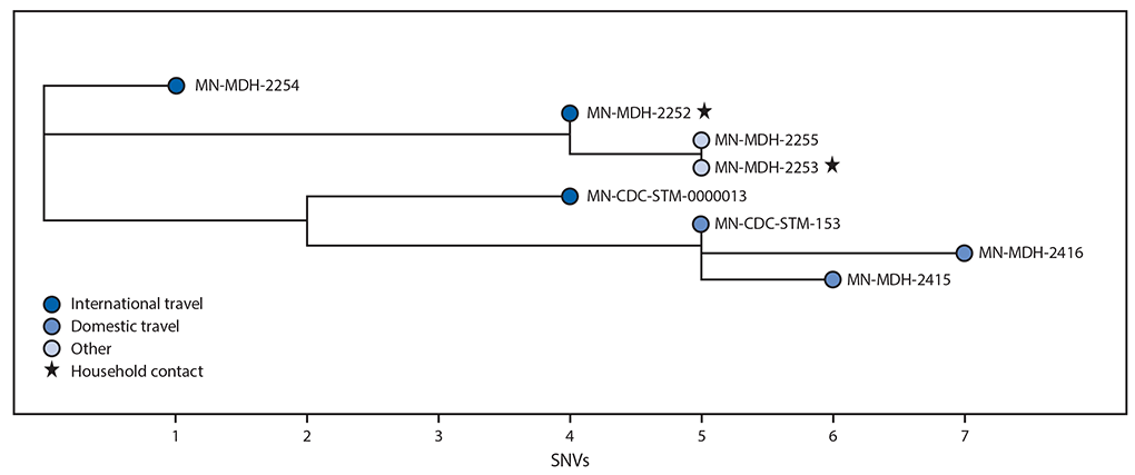 First Identified Cases of SARS-CoV-2 Variant B.1.1.7 in Minnesota — December 2020–January 2021 This figure is a phylogenetic tree showing the genetic distance between eight genetic sequences with B.1.1.7 lineage from persons in Minnesota.