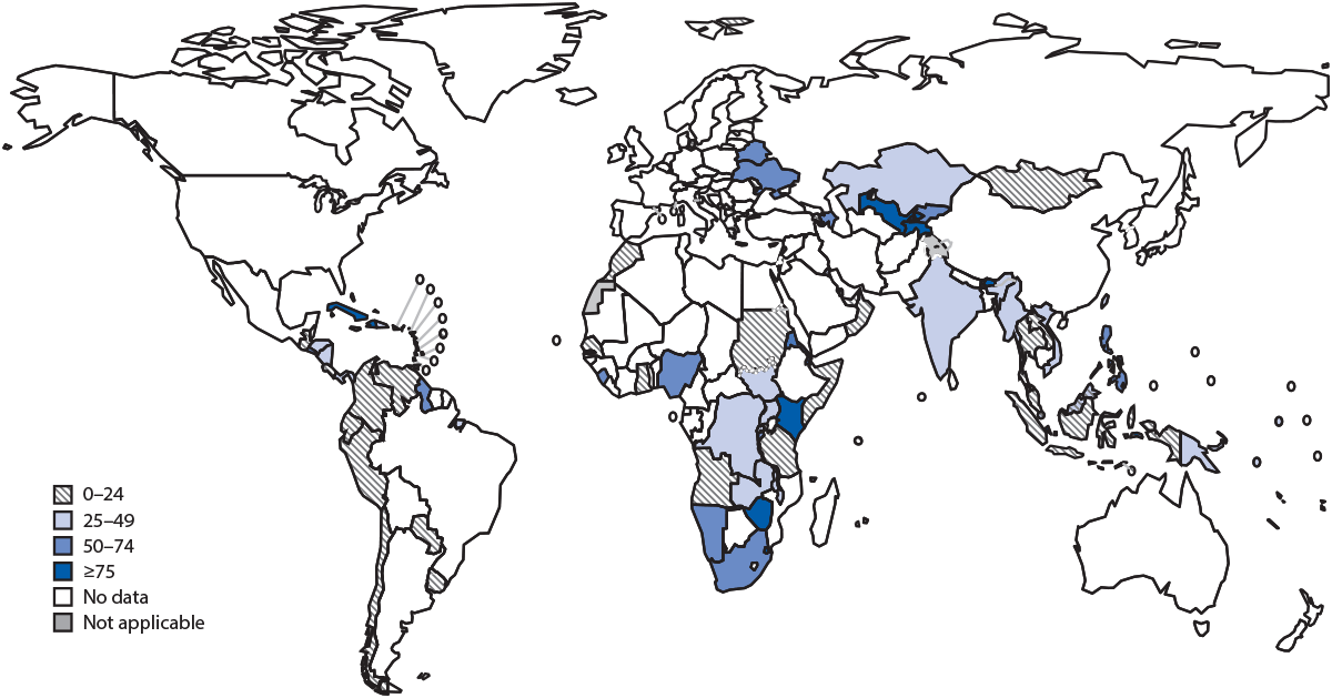 mm7012a4-F The figure is a map of the world illustrating the percentage of persons living with HIV infection and on antiretroviral treatment who received tuberculosis preventive treatment, worldwide, during 2019.