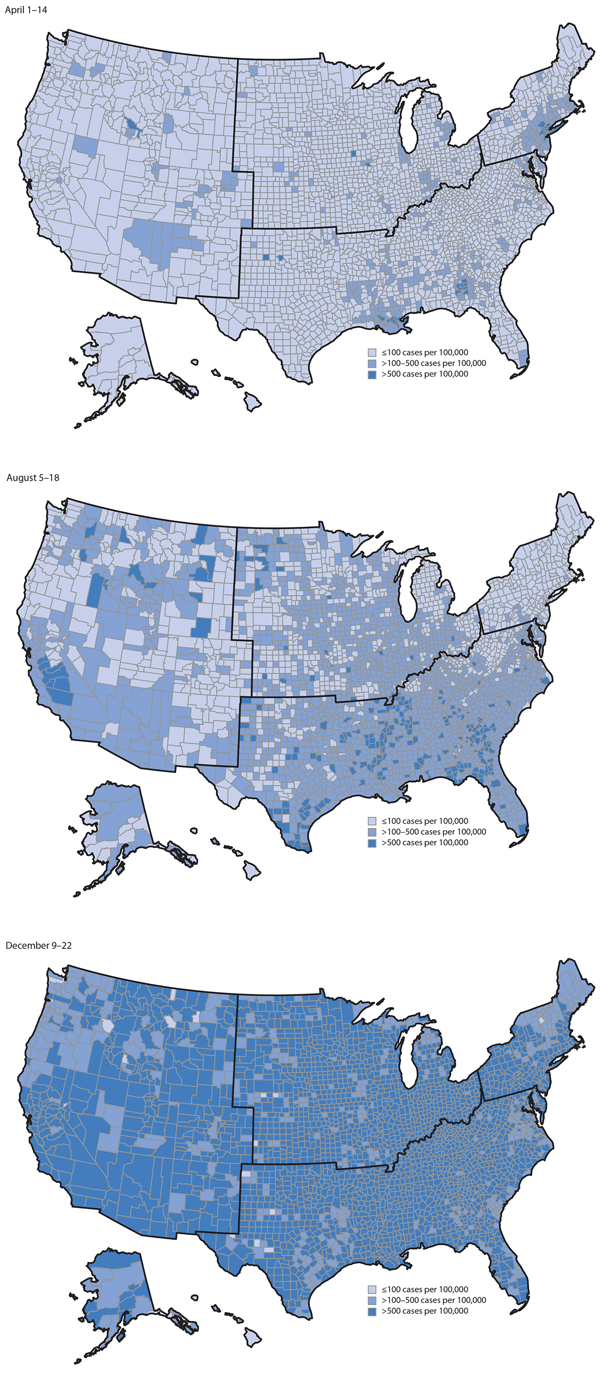 mm7013e1-F1 The figure is a set of three maps that show high COVID-19 incidence, by county across the United States during April 1–14, August 5–18, and December 9–22, 2020.