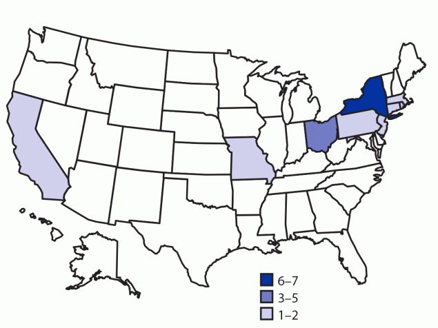 Notes from the Field: Multistate Outbreak of Escherichia coli O26 Infections Linked to Raw Flour — United States, 2019 The figure is a map of the United States showing the states in which 21 patients who were infected with the outbreak strain of Escherichia coli O26 lived during December 2018–May 2019.