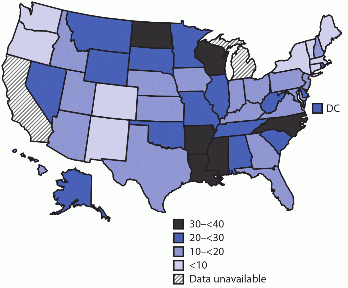 Racial and Ethnic Disparities in Breastfeeding Initiation ─ United States, 2019 The figure is a map of the United States illustrating disparities in breastfeeding initiation between racial/ethnic groups based on data from the National Vital Statistics System for 48 states and the District of Columbia for 2019.