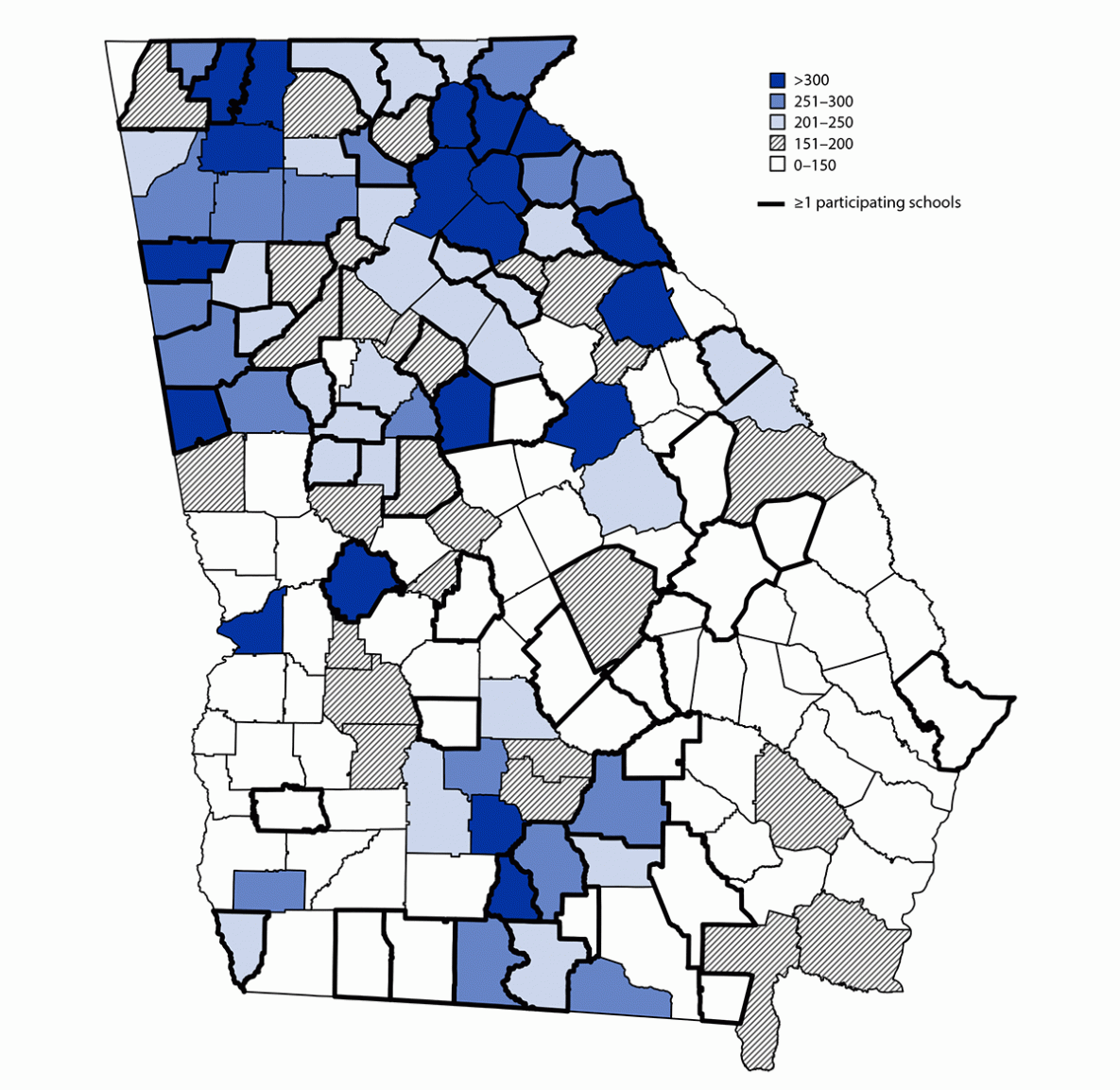 Mask Use and Ventilation Improvements to Reduce COVID-19 Incidence in Elementary Schools — Georgia, November 16–December 11, 2020 The figure is a map showing the county-level COVID-19 incidence on December 1, 2020, among counties with one or more participating elementary schools and counties without participating schools, in Georgia, during November 16−December 11, 2020.