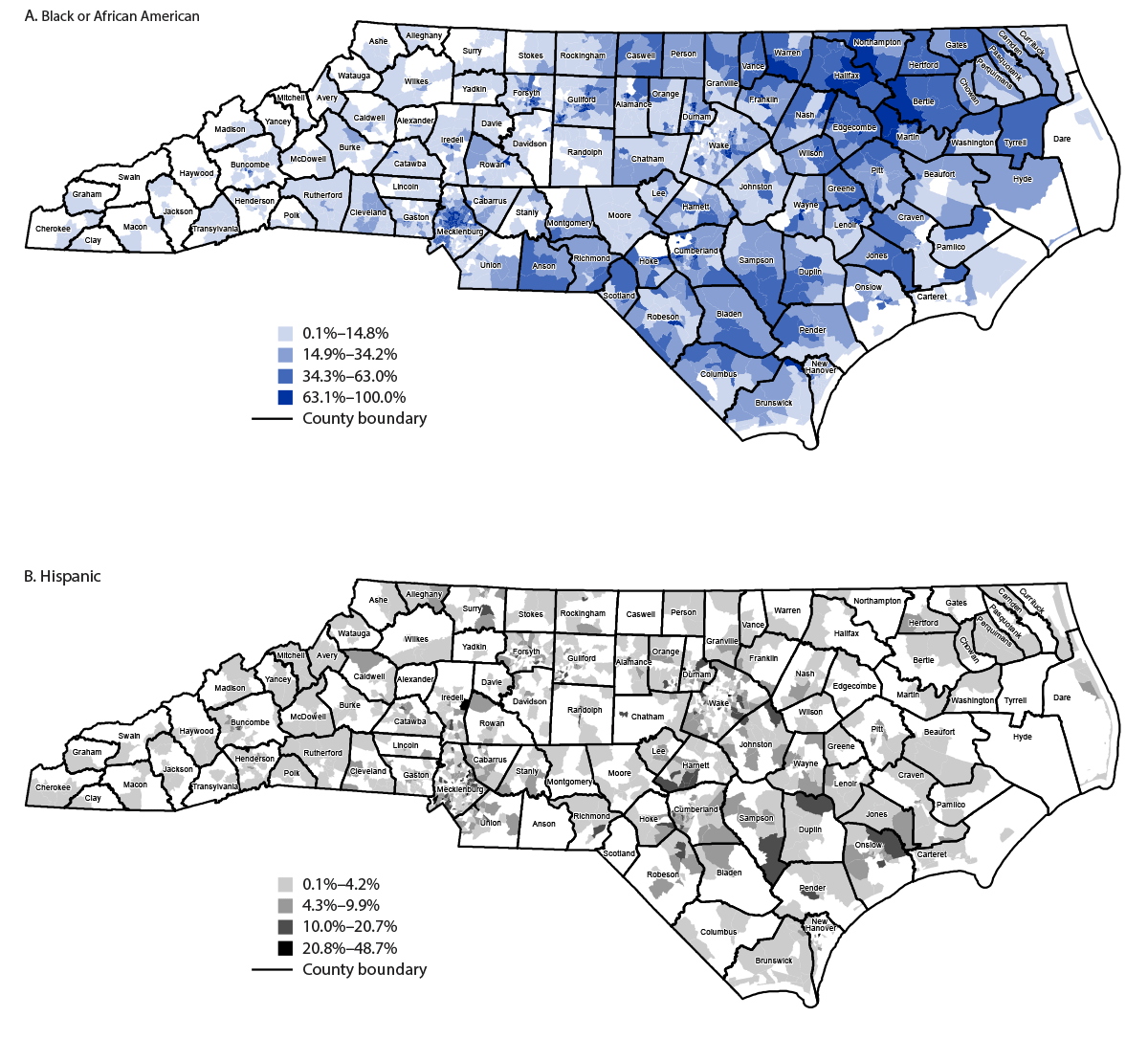 COVID-19 Vaccine Administration, by Race and Ethnicity — North Carolina, December 14, 2020–April 6, 2021 Figure shows the proportion of Black or African American and Hispanic persons aged ≥65 years by U.S. Census tract in North Carolina during 2019.