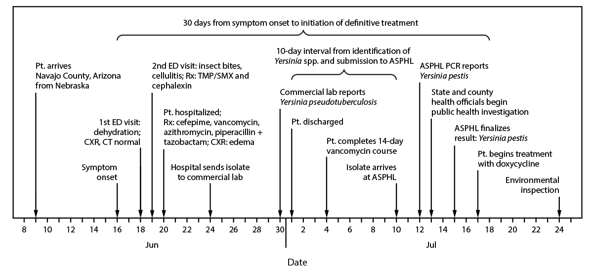 mm7031a1-F The figure is a timeline during 2020 of patient illness and laboratory identification of Yersinia pestis in a case of plague in Arizona.